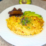 Plantain And Chorizo Omelet with fried sweet plantains and avocado by Chef Winston