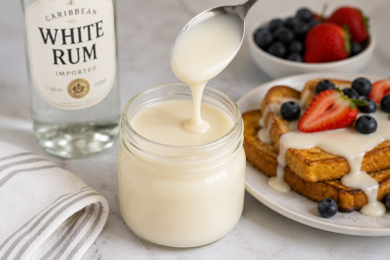 A close-up of smooth, creamy White Rum Syrup being drizzled from a white ceramic pitcher onto a plate, featuring a bottle of white rum in the background.
