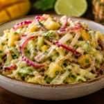 Tropical Floribbean Slaw with green cabbage, red cabbage, fresh mango, pineapple, cilantro, and creamy citrus dressing served as a colorful topping for burgers, tacos, and summer barbecue recipes.