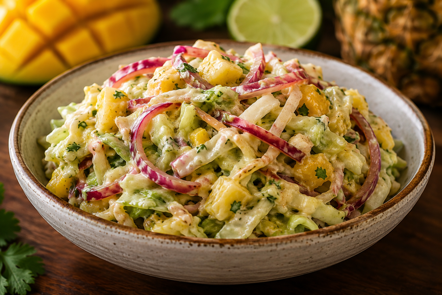 Tropical Floribbean Slaw with green cabbage, red cabbage, fresh mango, pineapple, cilantro, and creamy citrus dressing served as a colorful topping for burgers, tacos, and summer barbecue recipes.