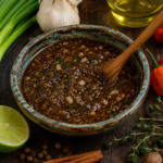 Homemade Caribbean Jerk Marinade in a rustic bowl with fresh herbs and Scotch bonnet peppers