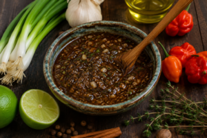 Homemade Caribbean Jerk Marinade in a rustic bowl with fresh herbs and Scotch bonnet peppers