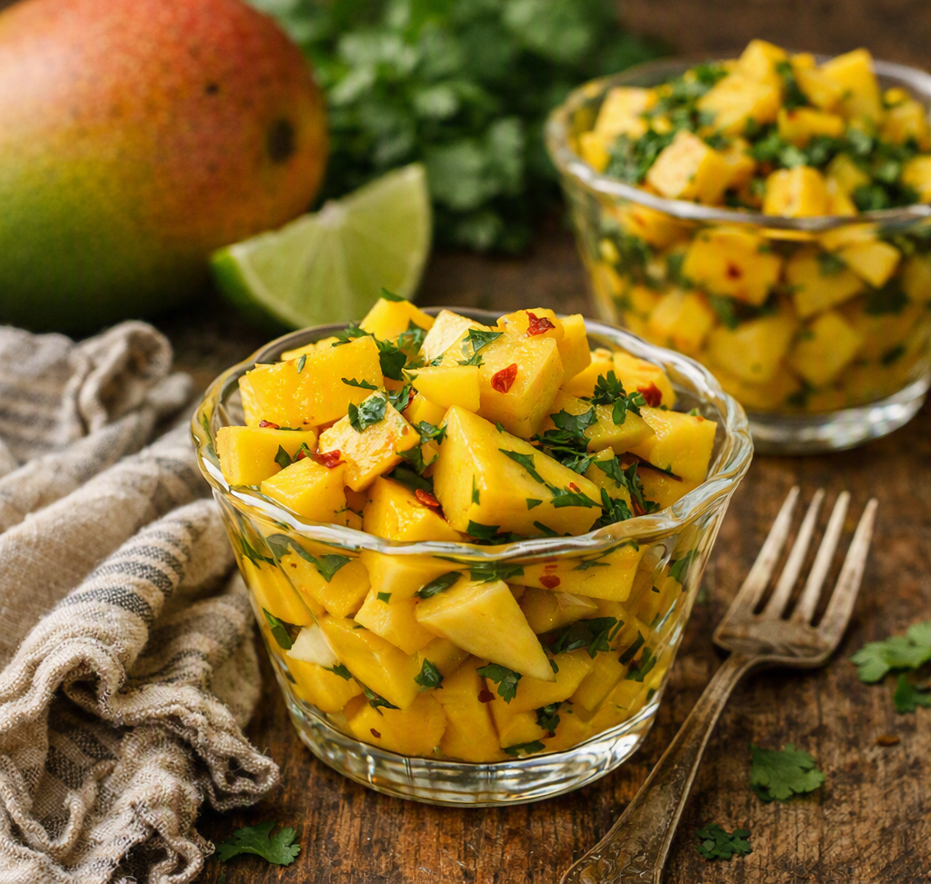 Caribbean Mango Chow with fresh mango, lime, Scotch bonnet, and herbs by Chef Winston