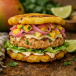 Floribbean Salmon Burger with twice-fried plantain bun by Chef Winston