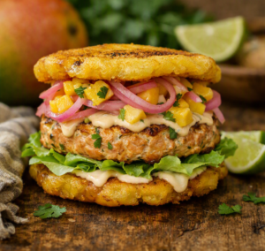 Floribbean Salmon Burger with twice-fried plantain bun by Chef Winston
