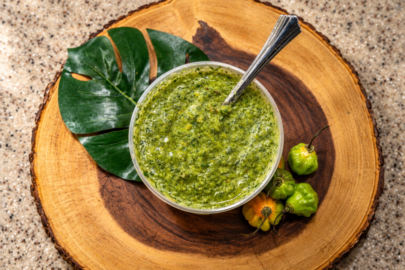 Floribbean Green Seasoning by Chef Winston with fresh herbs, peppers, lime, and orange
