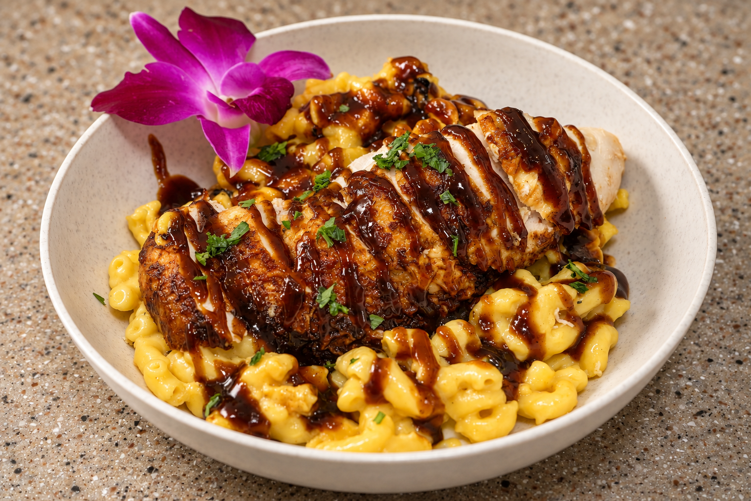 BBQ Chicken Mac & Cheese Bake with BBQ chicken, creamy macaroni and cheese by Chef Winston