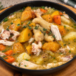 Hearty Caribbean Chicken Soup with chicken, pumpkin, vegetables and dumplings by Chef Winston