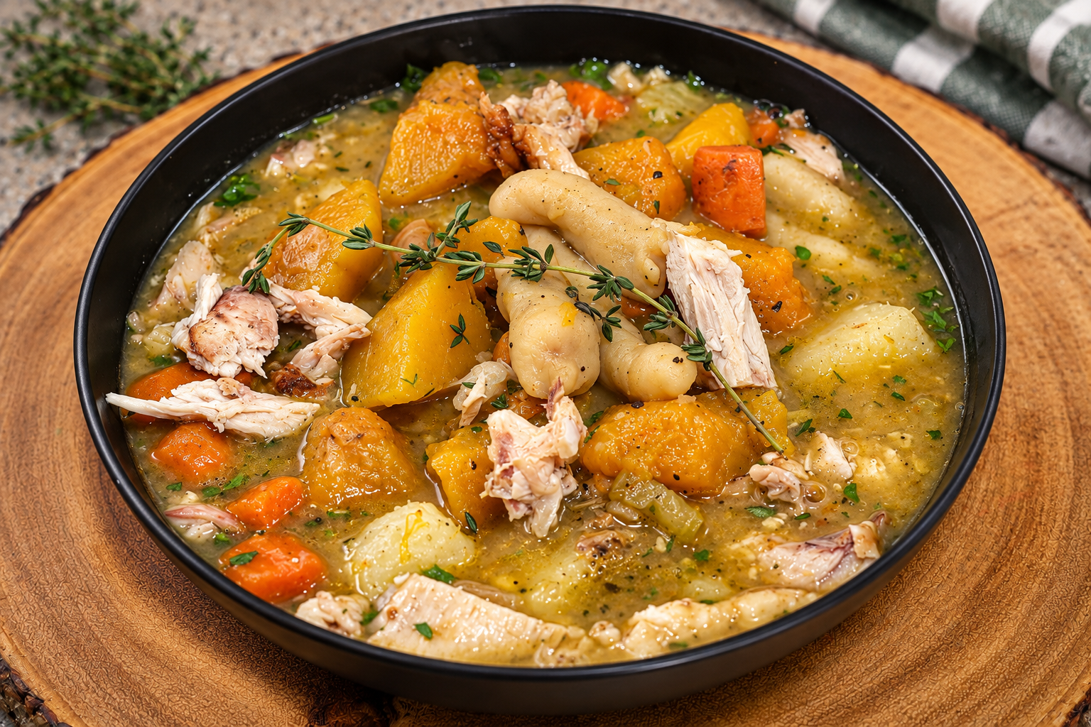 Hearty Caribbean Chicken Soup with chicken, pumpkin, vegetables and dumplings by Chef Winston