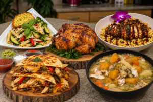 Budget Gourmet Challenge with one rotisserie chicken transformed into four meals by Chef Winston